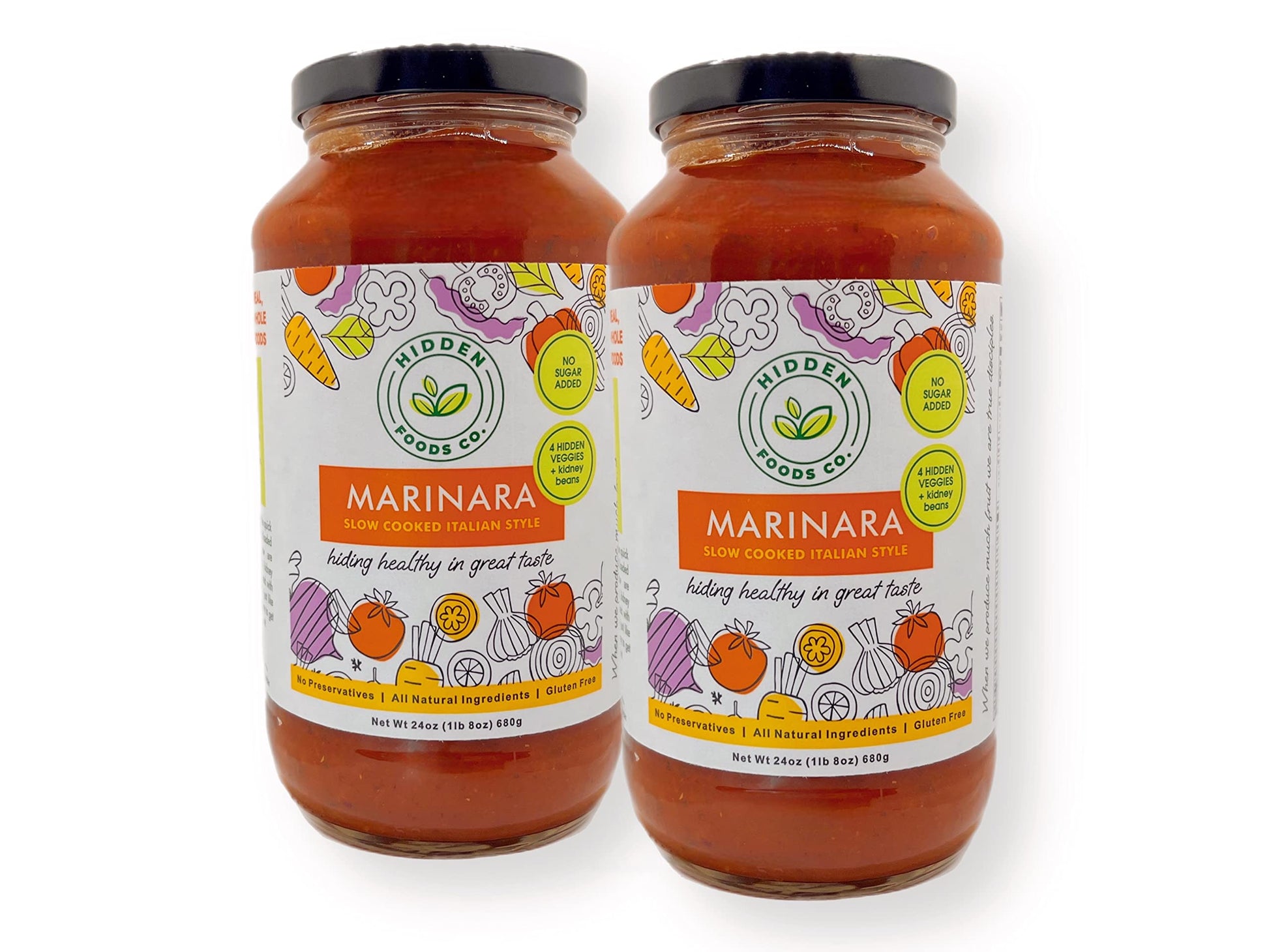 Hidden Foods Slow Cooked Marinara Sauce with Natural Vegetables, 24 oz. Jar, Low Carb and Low Sodium, No Sugar Added, Thick and 