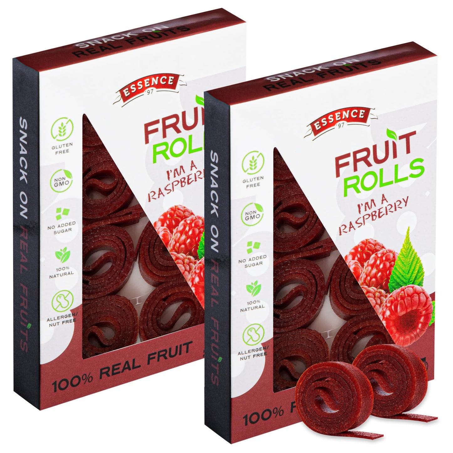 Essence 97 Fruit Roll Ups - Vegan, Non-GMO, No Added Sugar, Raspberry Fruit Strips, 16 Count Snacks for Kids and Adults
