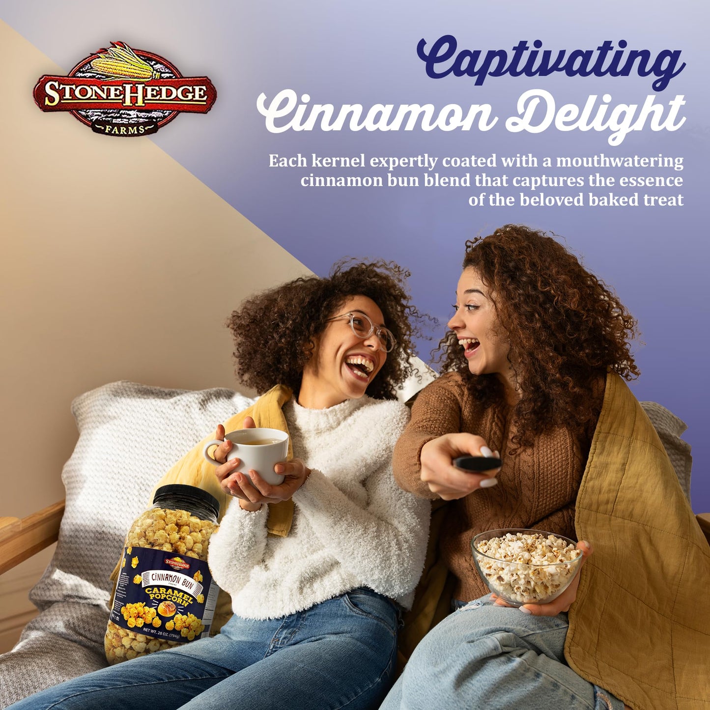 Stonehedge Farms Flavored Popcorn Variety Pack | Caramel & Cinnamon Bun | 30 oz (Pack of 2) | Bulk Popped Carmel Corn | Made in