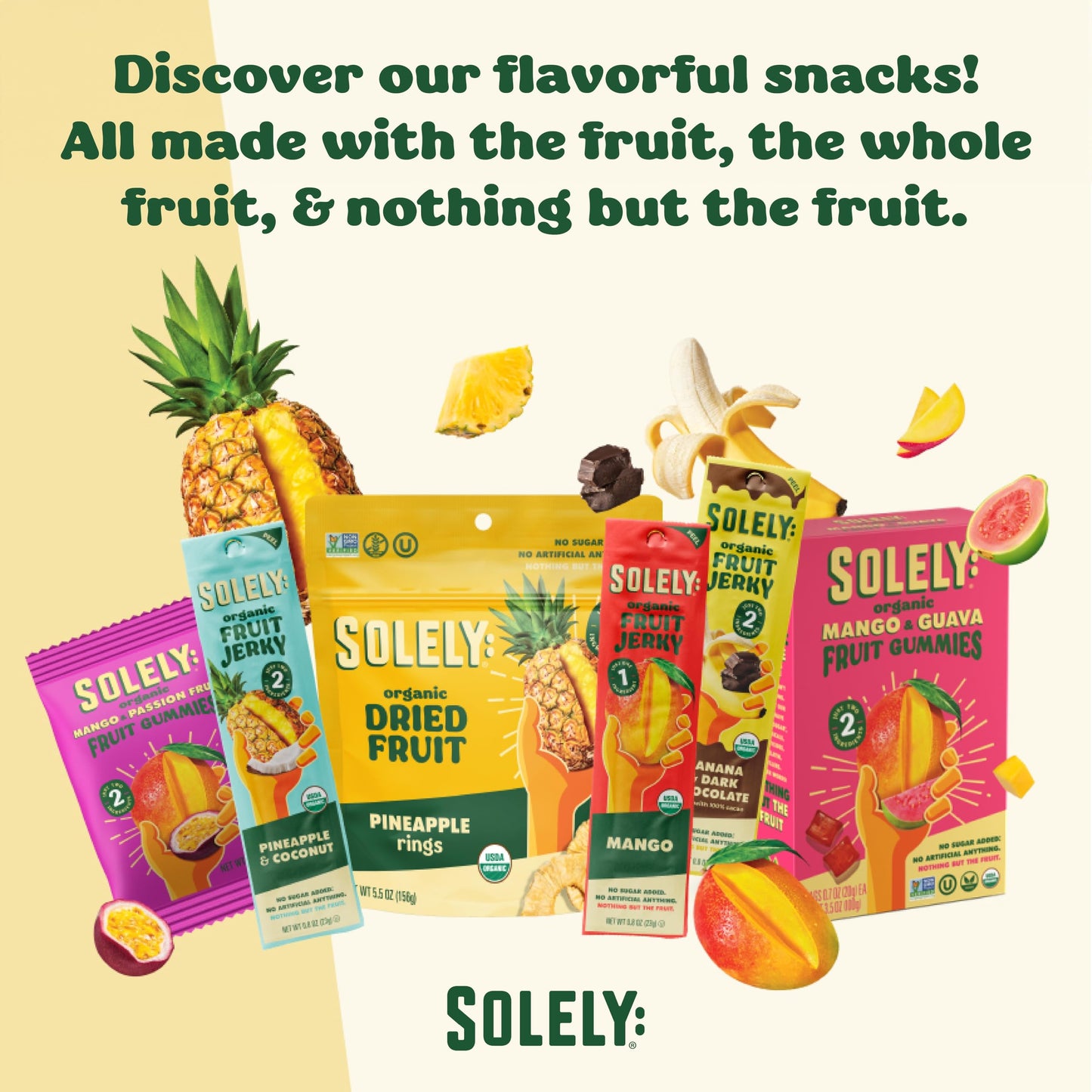 SOLELY - Organic Mango Guava Fruit Jerky - 12 Individually Wrapped Strips (12-Pack) - Fruit Leather Made from Dried Fruit - Heal