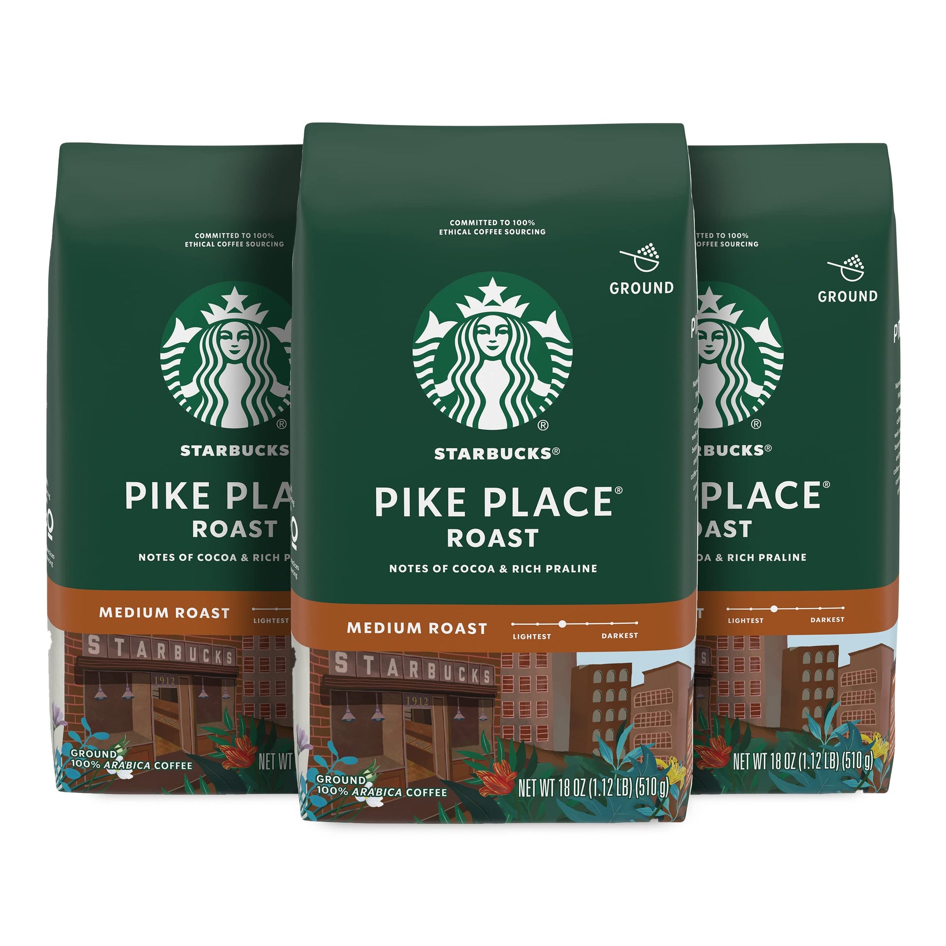 Starbucks Ground Coffee, Medium Roast, 100% Arabica, 3 bags of 18 oz each
