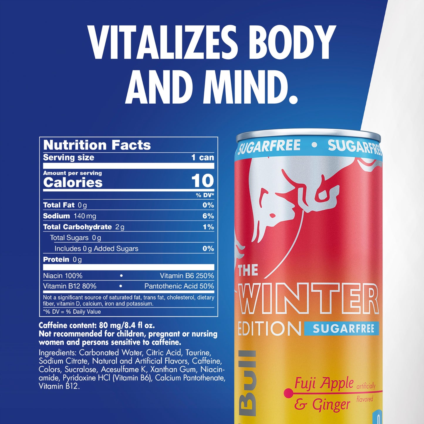 Red Bull Sugar-Free Fuji Apple and Ginger Winter Edition Energy Drink  with 80mg Caffeine plus Taurine & B Vitamins  8.4 Fl Oz  Pack of 24 Cans