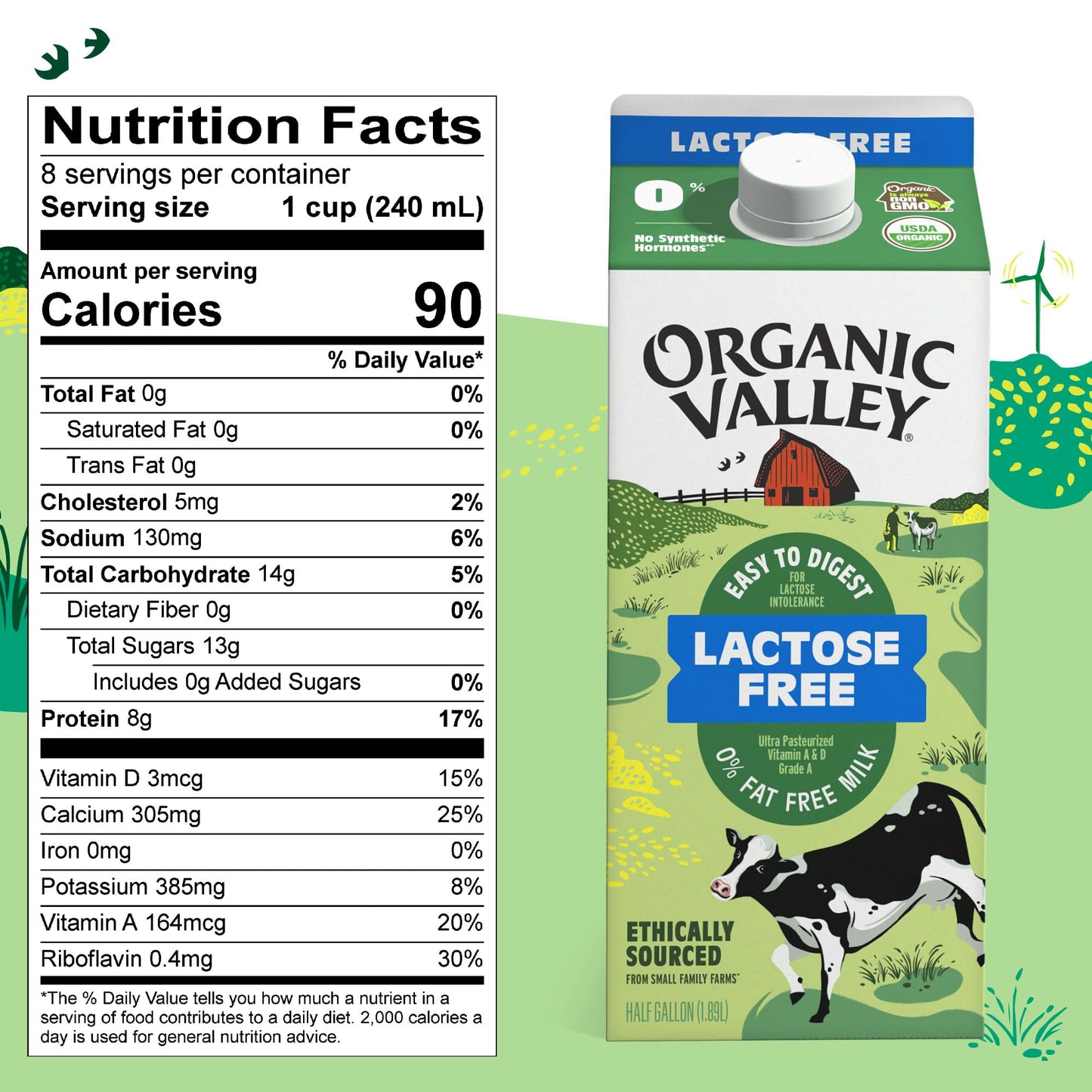 Organic Valley Fat Free Milk, Ultra Pasteurized, Lactose Free, 64 Fl.Oz