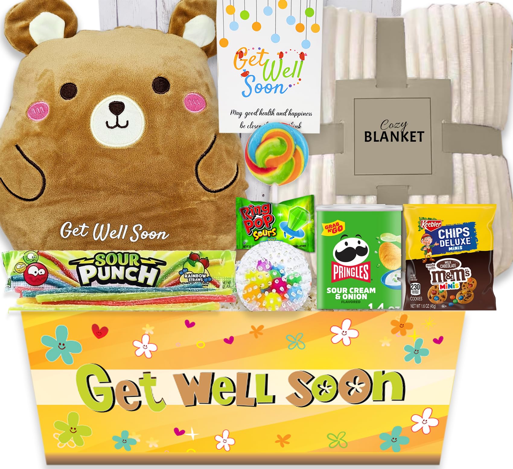 KIDS GET WELL SOON care package gift, Squooshy pillow, Cozy Blanket, Candy Snacks gift basket & Greeting card, gift for kids chi