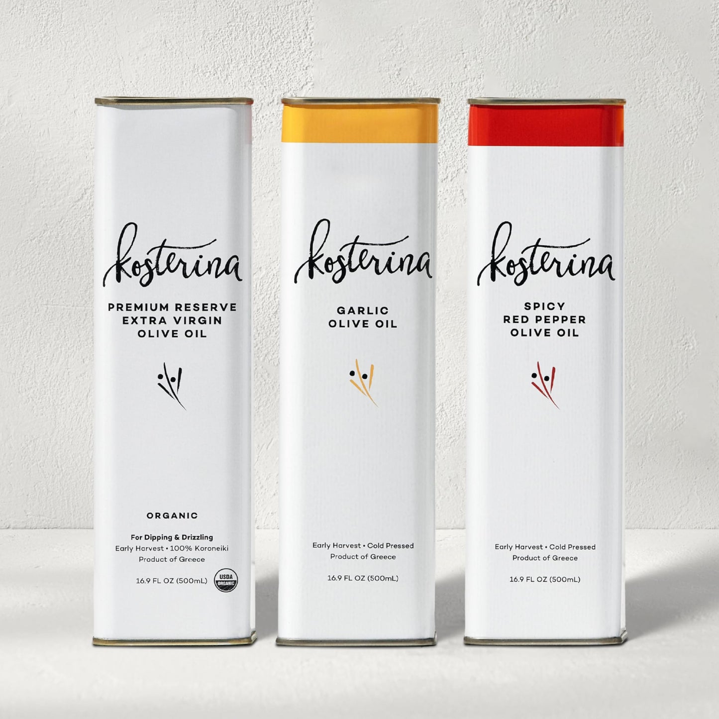 Kosterina Olive Oil Trio - Spicy Red Pepper, Garlic & Original EVOO, 3x16.9 oz, Cold-Pressed from Koroneiki Olives, Product of Greece