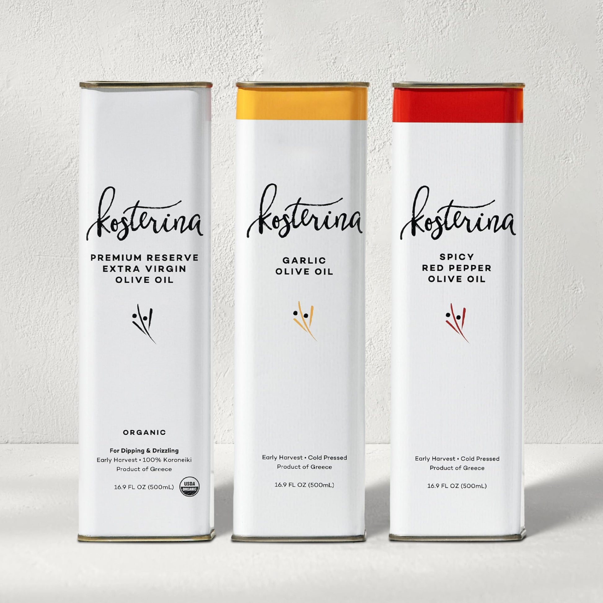 Kosterina Olive Oil Trio - Spicy Red Pepper, Garlic & Original EVOO, 3x16.9 oz, Cold-Pressed from Koroneiki Olives, Product of Greece
