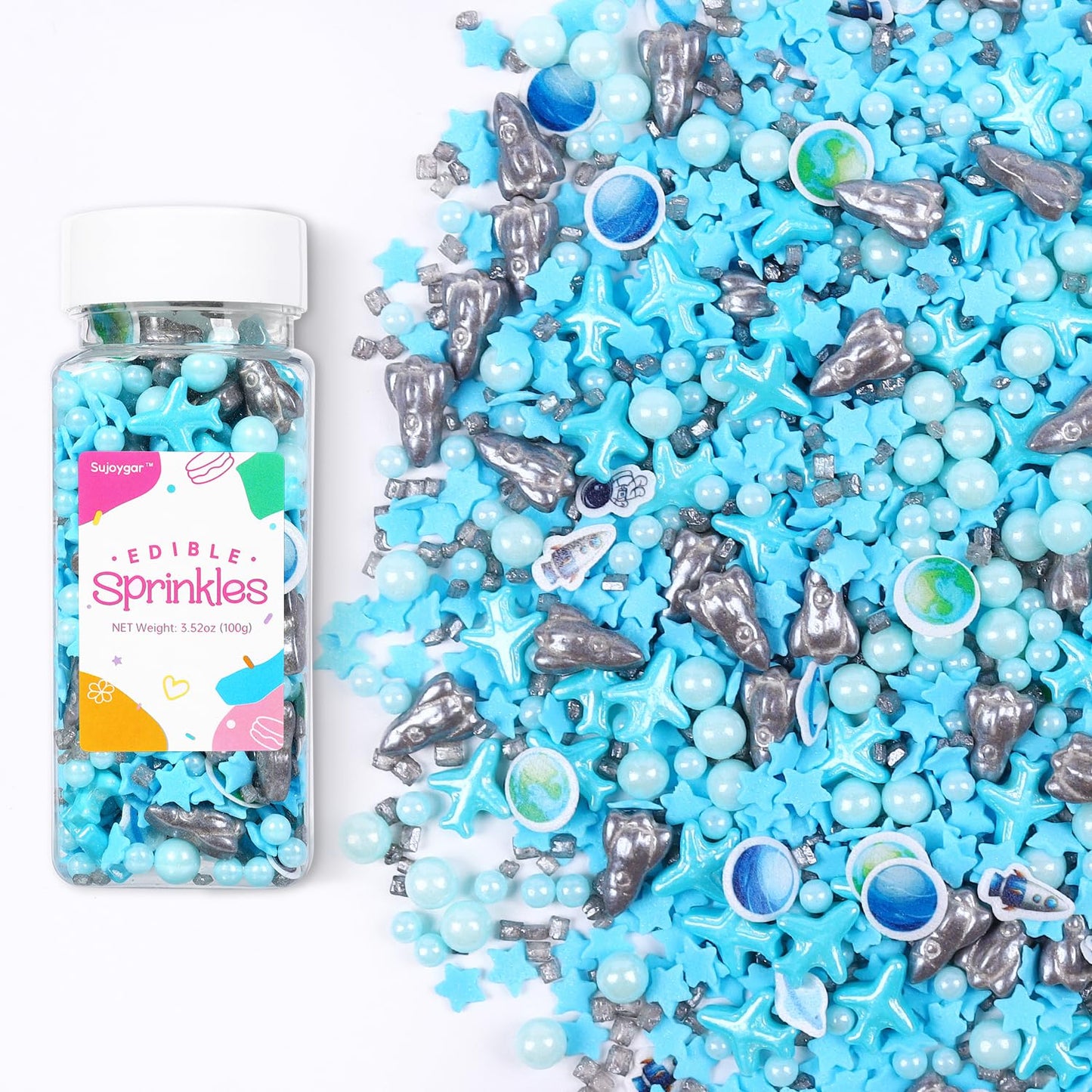 Galaxy Sprinkles for Cake Decorating, 3.52oz Blue Star Sprinkles for Cupcake Toppers Ice Cream Cookie, Fancy Sprinkles, Planet &