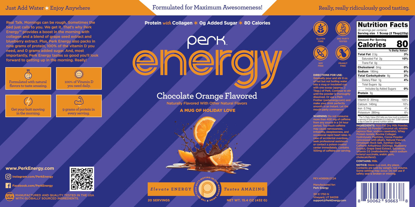 Perk Energy Original Chocolate Orange Flavored (20 Servings) - Gluten Free  Soy Free and Peanut Free
