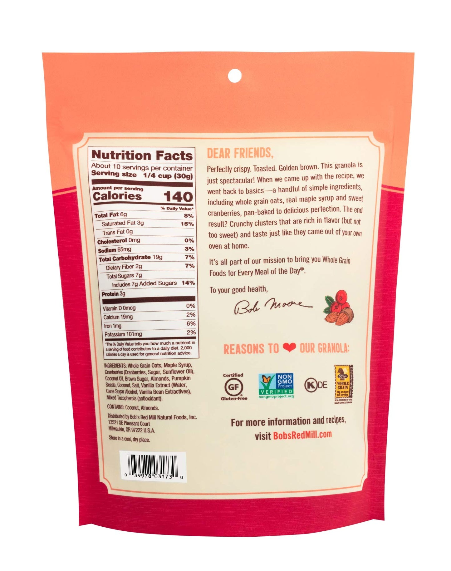 Bobs Red Mill Cranberry Almond Homestyle Granola, 11 Ounce Bag (Pack of 6), Certified Gluten Free, Non-GMO, Whole Grain