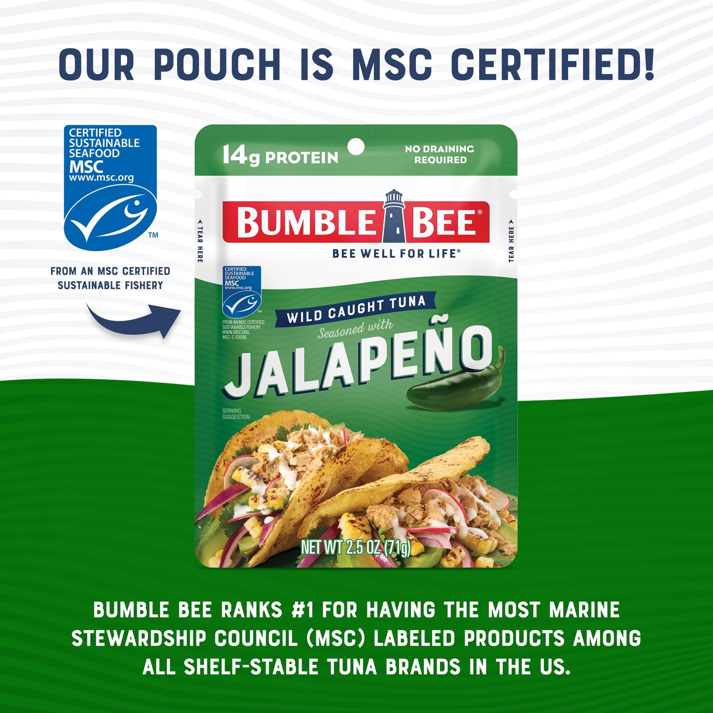 Bumble Bee Jalapeño Seasoned Tuna, 2.5 Oz Pouches (Pack Of 12) - Ready To Eat - Wild Caught Tuna Pouch - 14G Protein Per Serving - Gluten Free