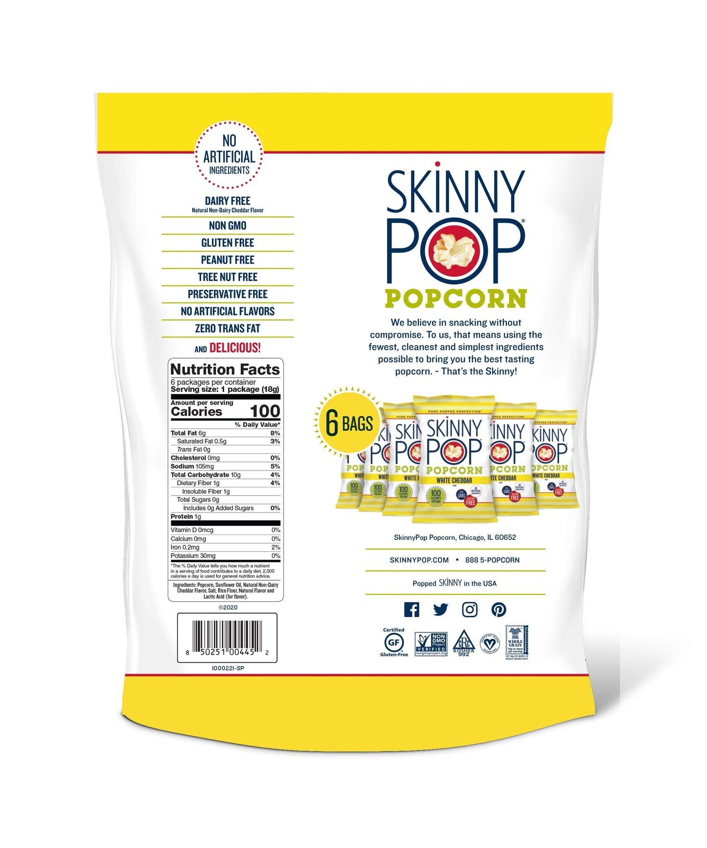 Skinnypop Popcorn, Gluten Free, Non-Gmo, Healthy Snacks, Skinny Pop Dairy Free White Cheddar Popcorn Snack Packs, 065 Oz Individ