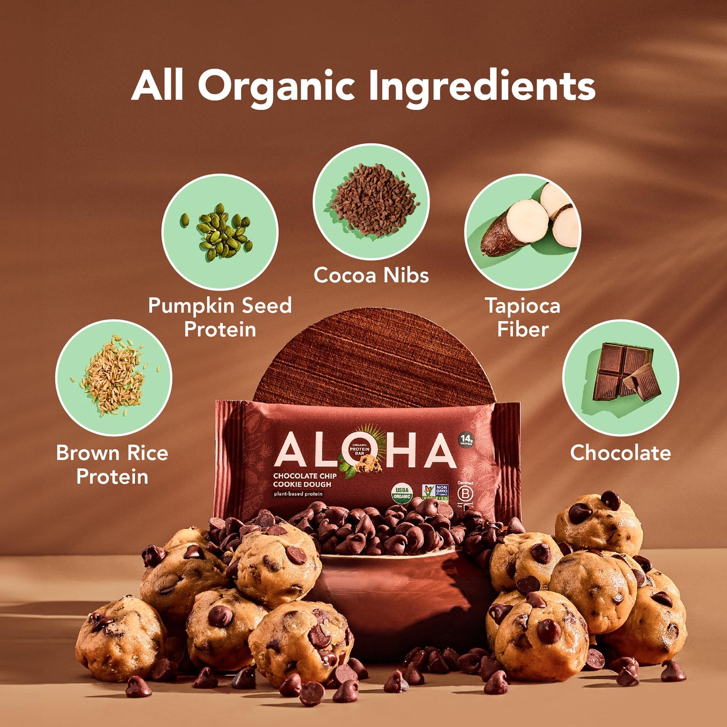 ALOHA Organic Plant Based Protein Bars - Chocolate Chip Cookie Dough - 12 Count, 1.9oz Bars - Vegan Snacks, Low Sugar, Gluten-Fr