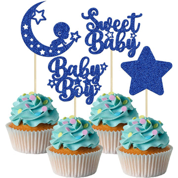Gyufise 24Pcs Baby Shower Boy Cupcake Toppers Glitter Star Moon Sweet Baby Boy Cupcake Picks Baby Shower Boys Birthday Party Cak
