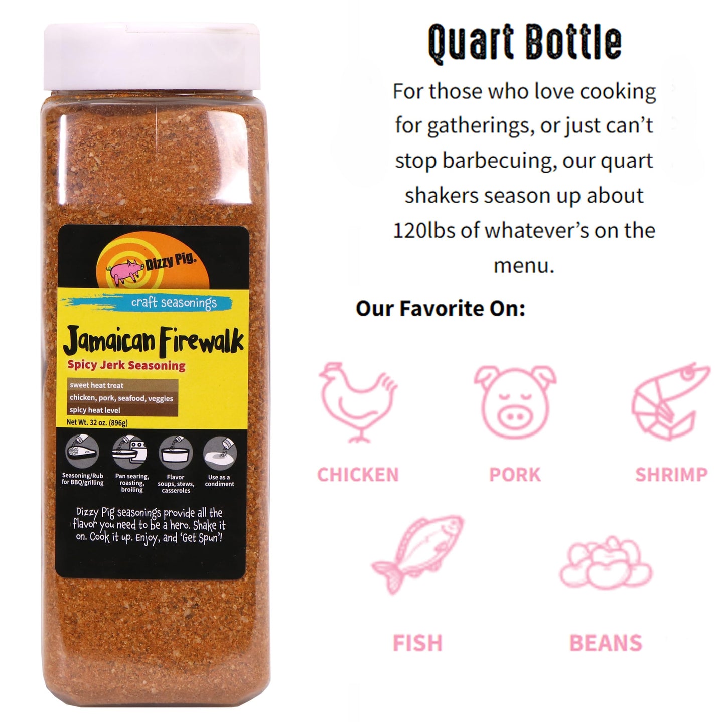 Dizzy Pig Jamaican Firewalk Spicy Jerk Seasoning Rub (Quart Shaker) - Seasons Around 120Lbs Of Food - Hand Made In The Usa - Msg Free, Gluten Free