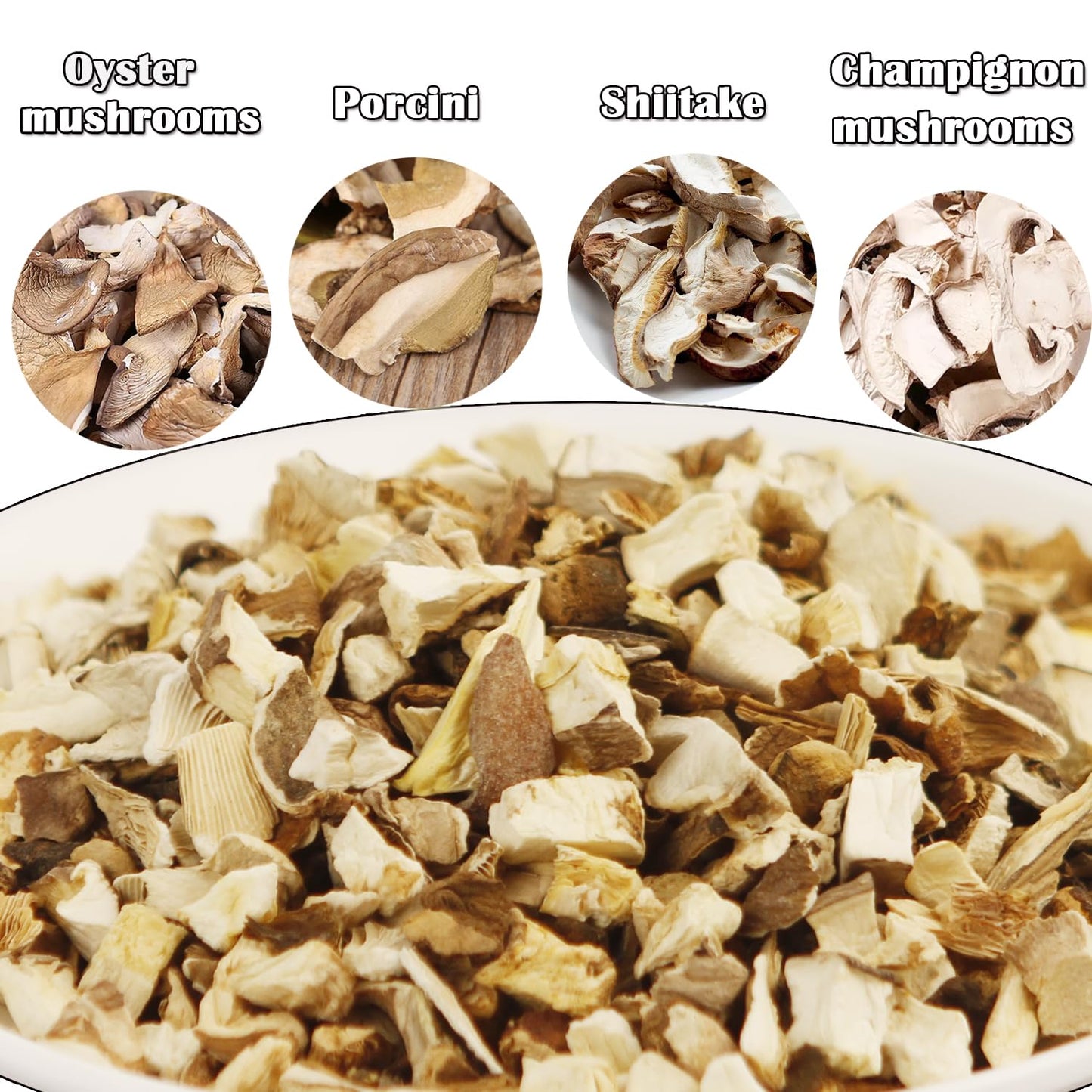 Vigorous Mountains Dried Assorted Mushrooms Granules For Cooking Including Shiitakes Champignon Porcini Oyster Culinary Mushrooms 3.81 Ounce, 108G