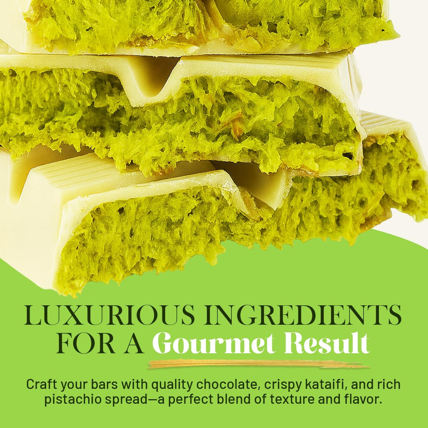 Dubai White Chocolate Bar Diy Kit – Includes Reusable Mold, 12.3 Oz White Melting Wafers, 3.5 Oz Crunchy Kataifi, 7 Oz Pistachio Spread – Gourmet Gift Kit For Chocolate Lovers