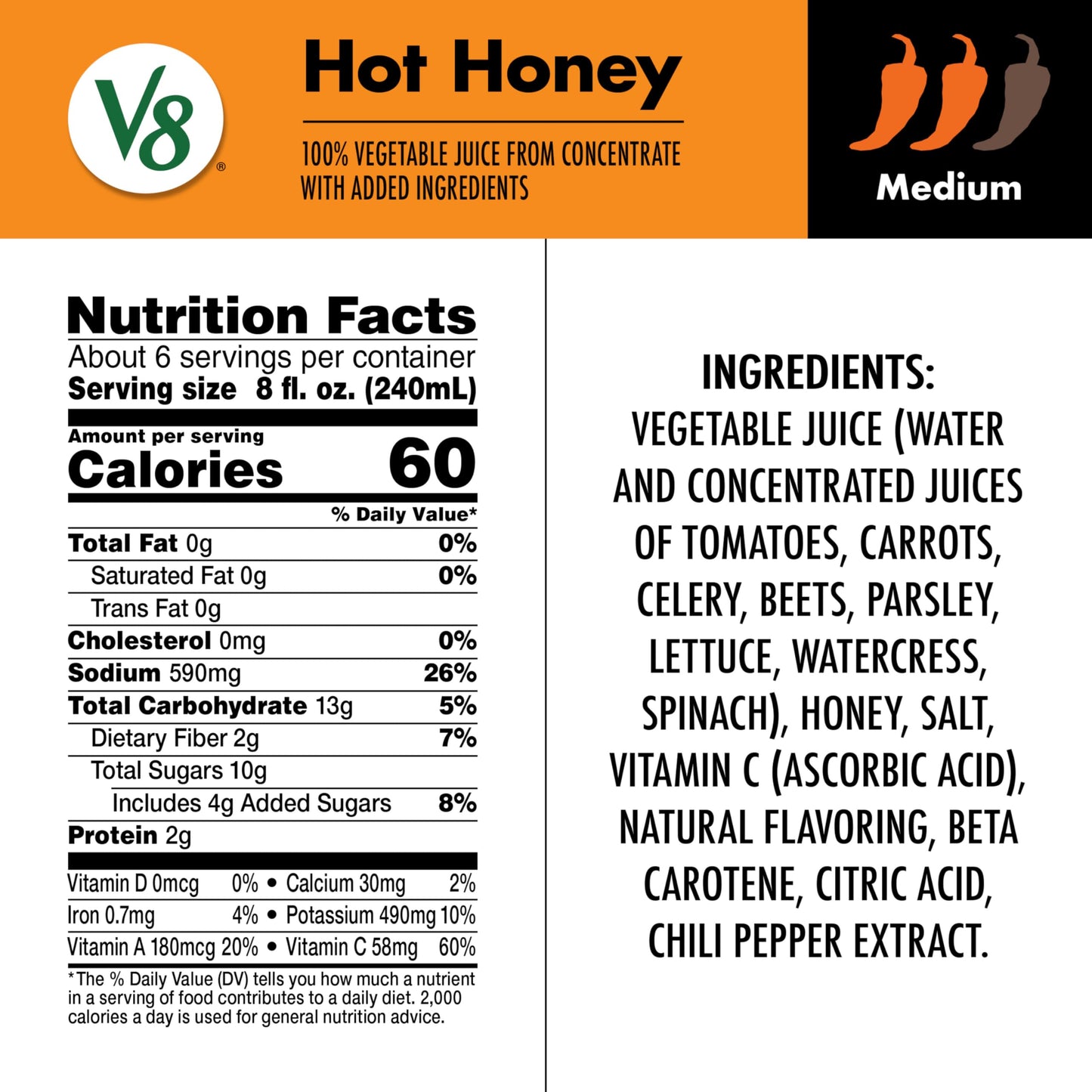V8 Hot Honey 100% Vegetable Juice, 46 fl oz Bottle (6 Pack)