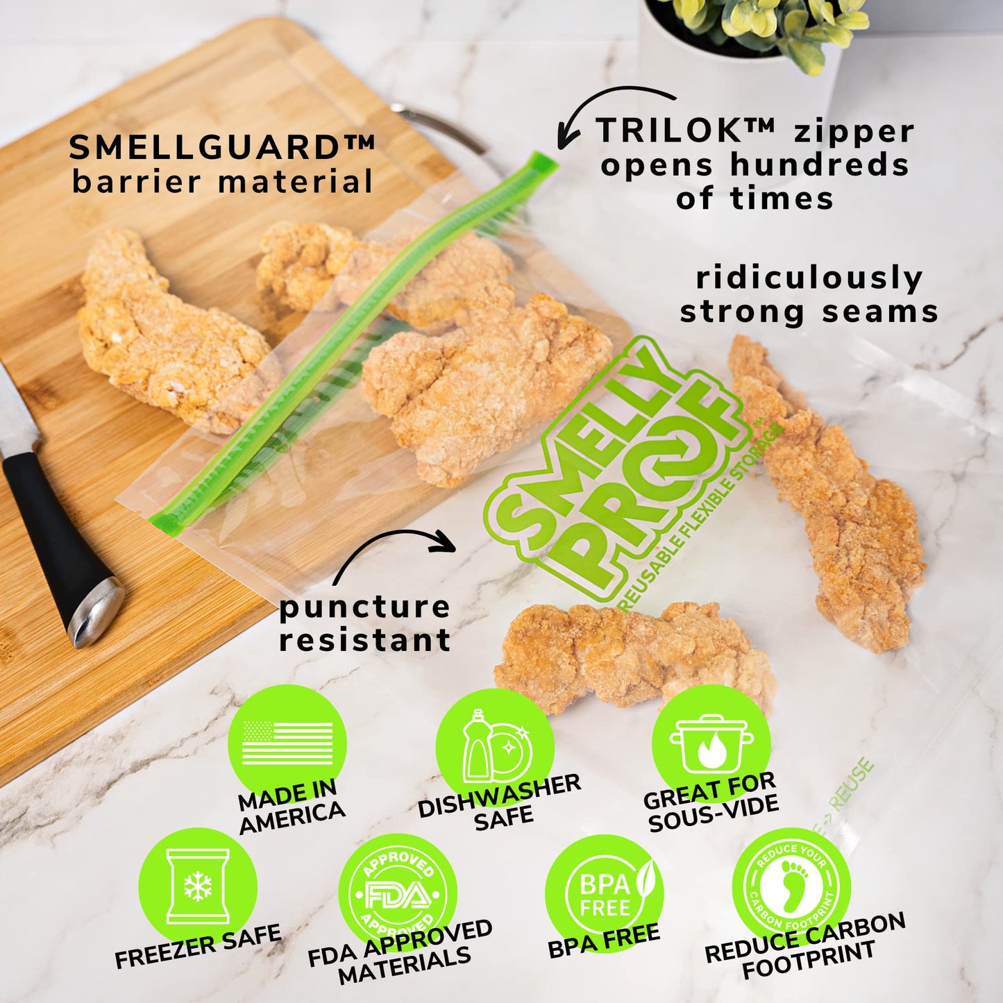 Reusable Storage Bags For Food By Smelly Proof Bags - Made In Usa, Easy Clean, Dishwasher-Safe, Peva & Bpa Free, Xl 3-Mil Thick