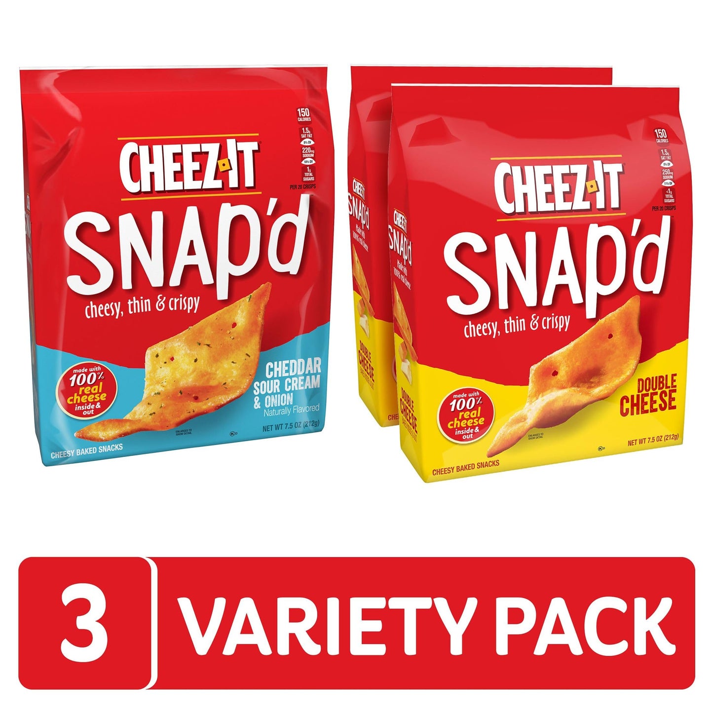 Cheez-It Snap d, Cheese Crackers Chips, Thin Crisps, Lunch Snacks, Variety Pack, 22.5oz Box (3 Bags)