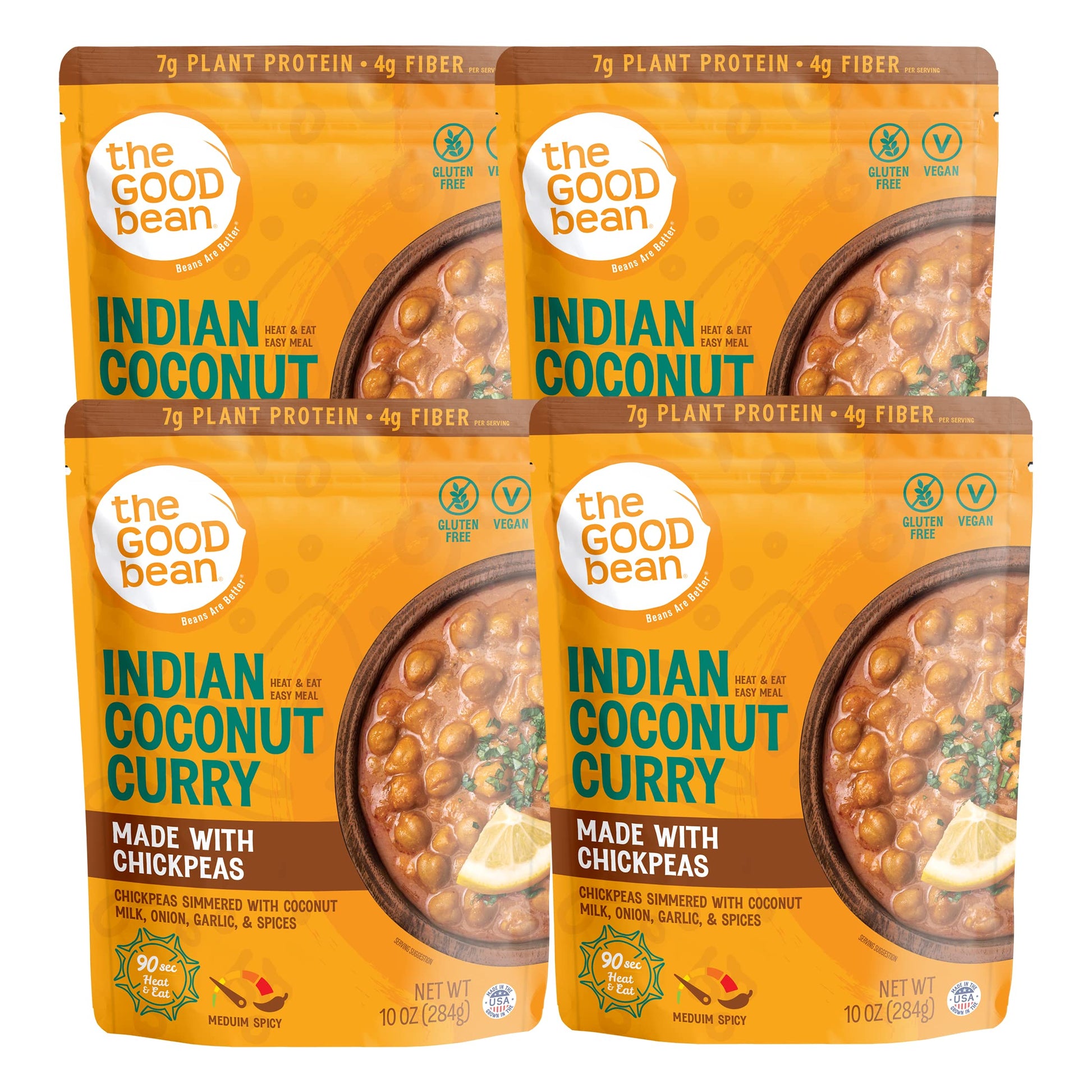 The Good Bean Heat And Eat Pouch - Indian Coconut Curry - (4 Pack) 10 Oz Pouch - Simmered Chickpeas With Coconut Milk - Pre-Cooked Beans With Good Source Of Plant Protein And Fiber