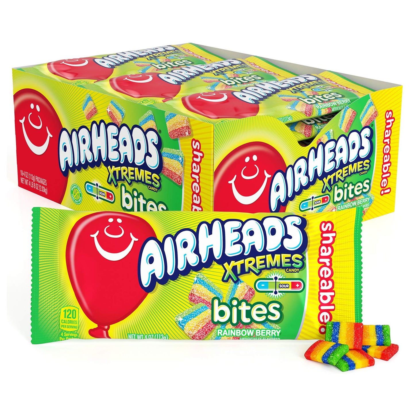 Airheads Xtremes Bites Sweetly Sour Candy, Rainbow Berry, 4 oz (Pack of 18), Non Melting, Orange/Blue/White