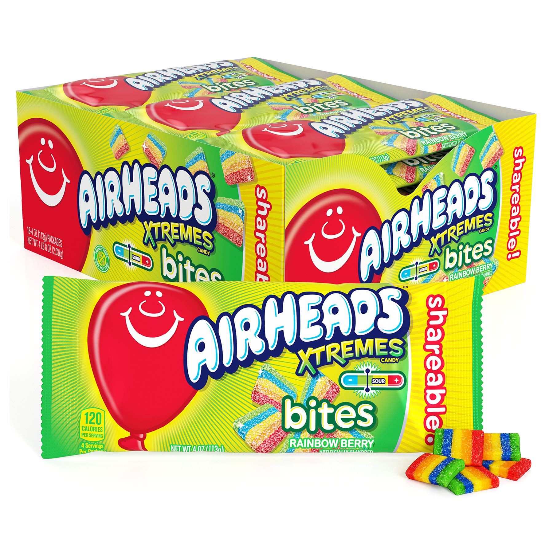 Airheads Xtremes Bites Sweetly Sour Candy, Rainbow Berry, 4 oz (Pack of 18), Non Melting, Orange/Blue/White
