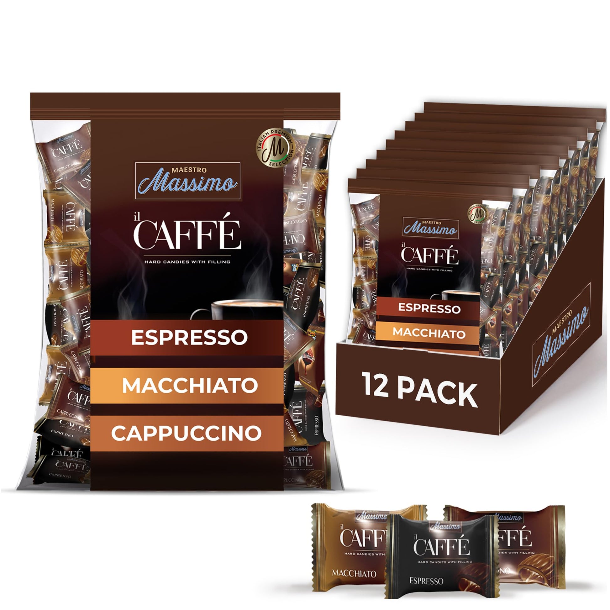 Maestro Massimo Assorted Coffee Candy - Individually Wrapped 7.05 Oz Bag  3Mg Energy Blend Per Hard Candy  Oriflavor Blendal Espresso  Macchiato  Cappuccino Flavored  Made With Bold Arabica Coffee - Variety Pack Of 12