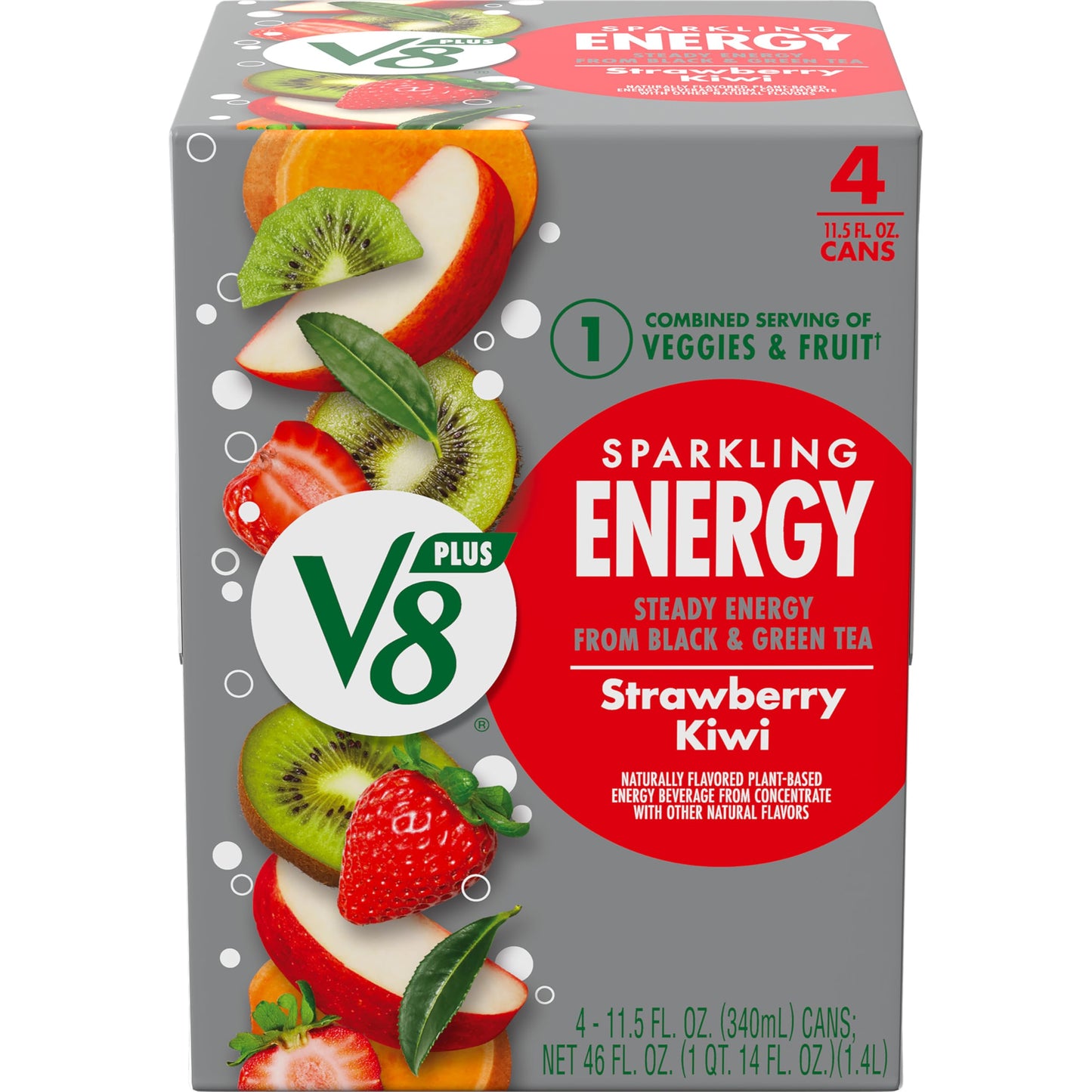 V8 +Energy Sparkling Strawberry Kiwi Juice Energy Drink, 11.5 Fl Oz Can (4 Pack)