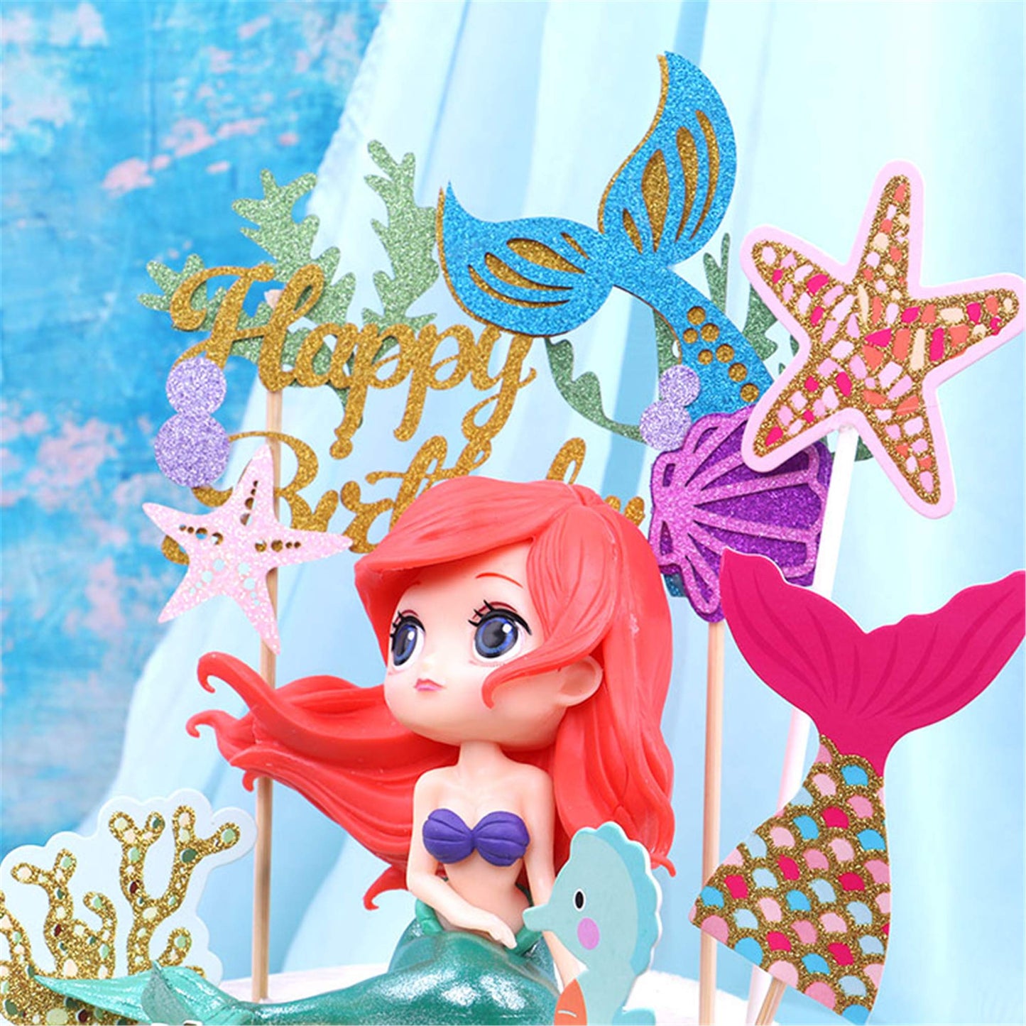 Wootkey Glitter Mermaid Theme Birthday Cake Topper Under The Sea Party Supplies Cake Decoration Cupcake Toppers 36 Pcs Mermaid T