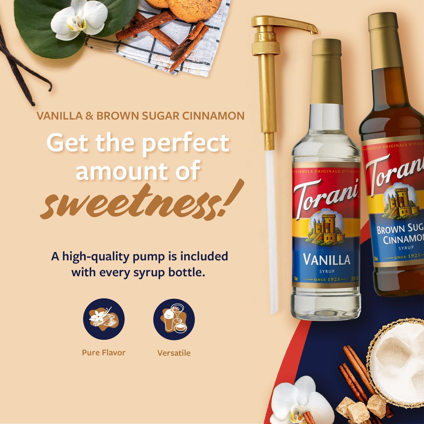 Torani Syrups Variety Pack, Brown Sugar Cinnamon & Vanilla, 25.4 Fl Oz Each, Pumps Included