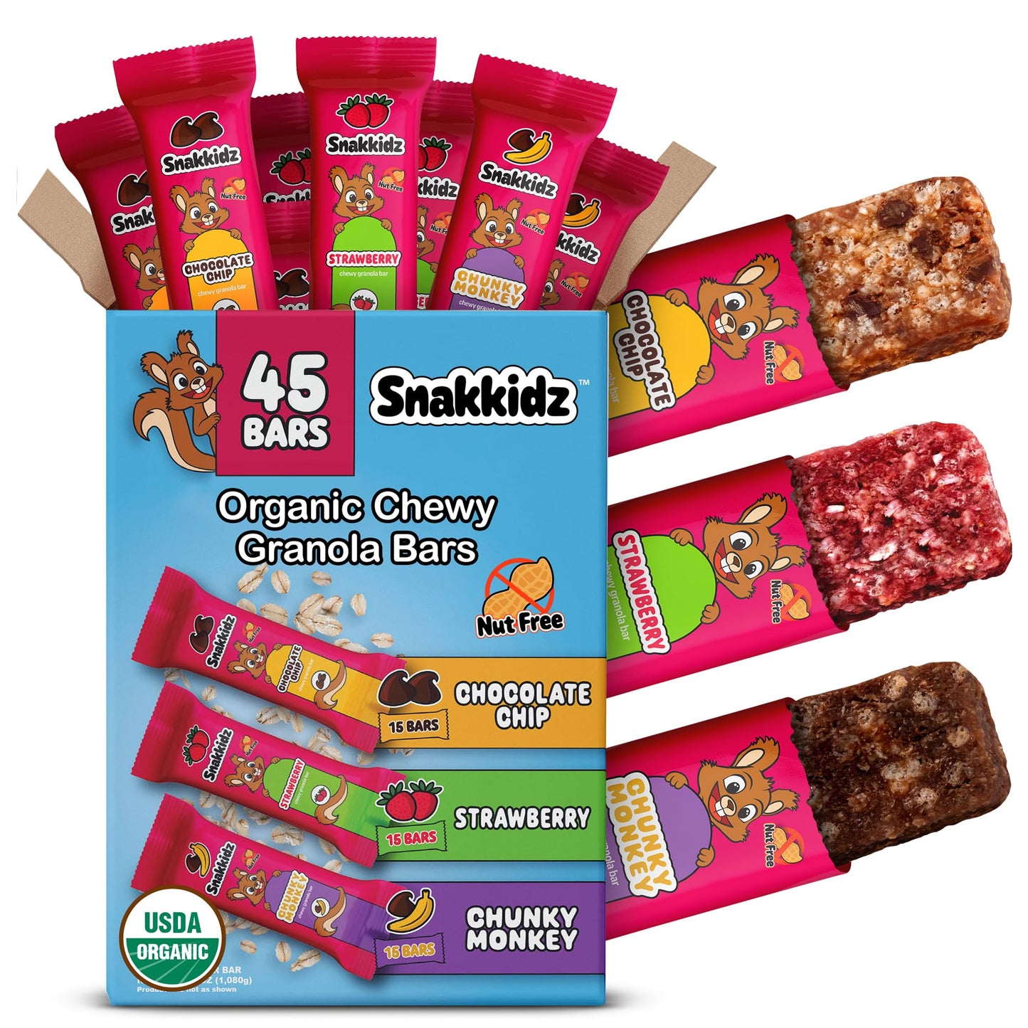 Snakkidz Organic Chewy Granola Bar, Allergen Free, Made with Avocado Oil, Low Sugar (45 Bars, Variety)