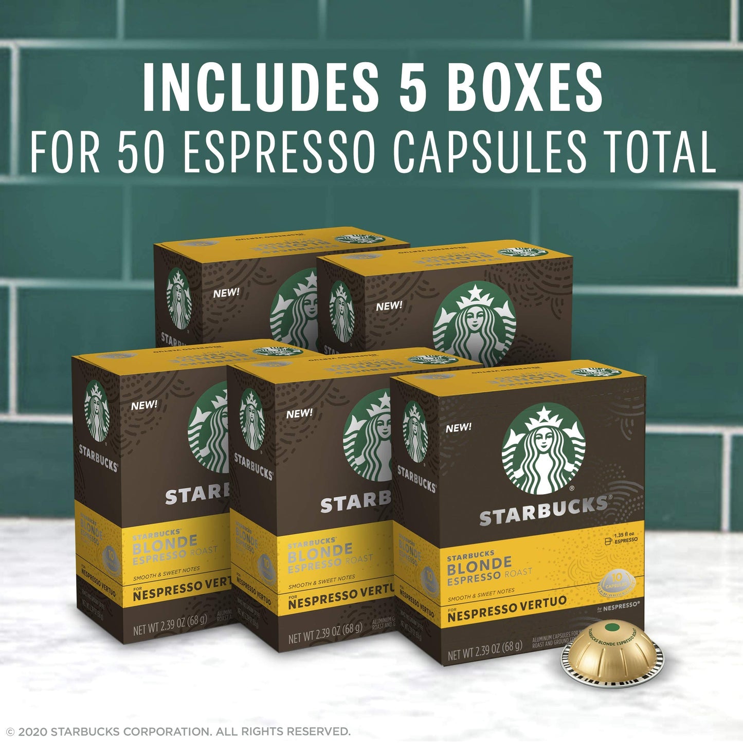Starbucks by Nespresso Vertuo Blonde Roast Espresso Pods, 50-count, Model Y-8, 10 Count (Pack of 5)
