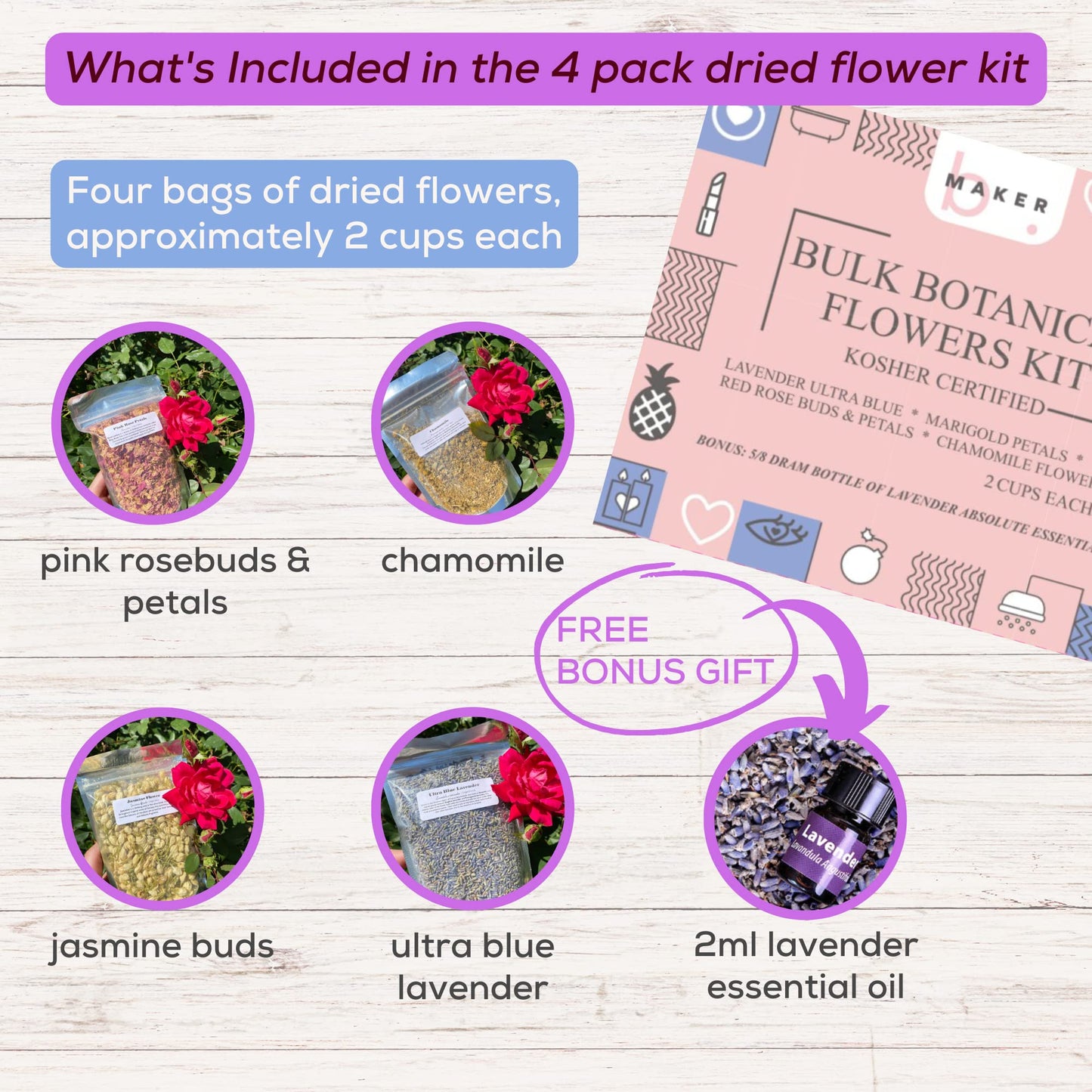 Bmaker Bulk Flower Kit Chamomile - Ultra Blue Lavender, Red Rose Buds & Petals, Marigold - 2 Cup Each Packet- Included Lavender