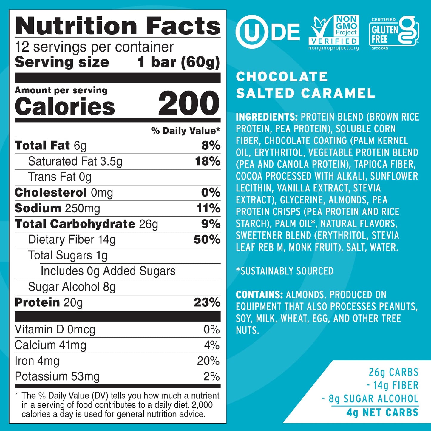 No Cow High Protein Bars, Chocolate Salted Caramel - Healthy Snacks, 20g Vegan Protein, High Fiber, Low Sugar, Keto Friendly, Da