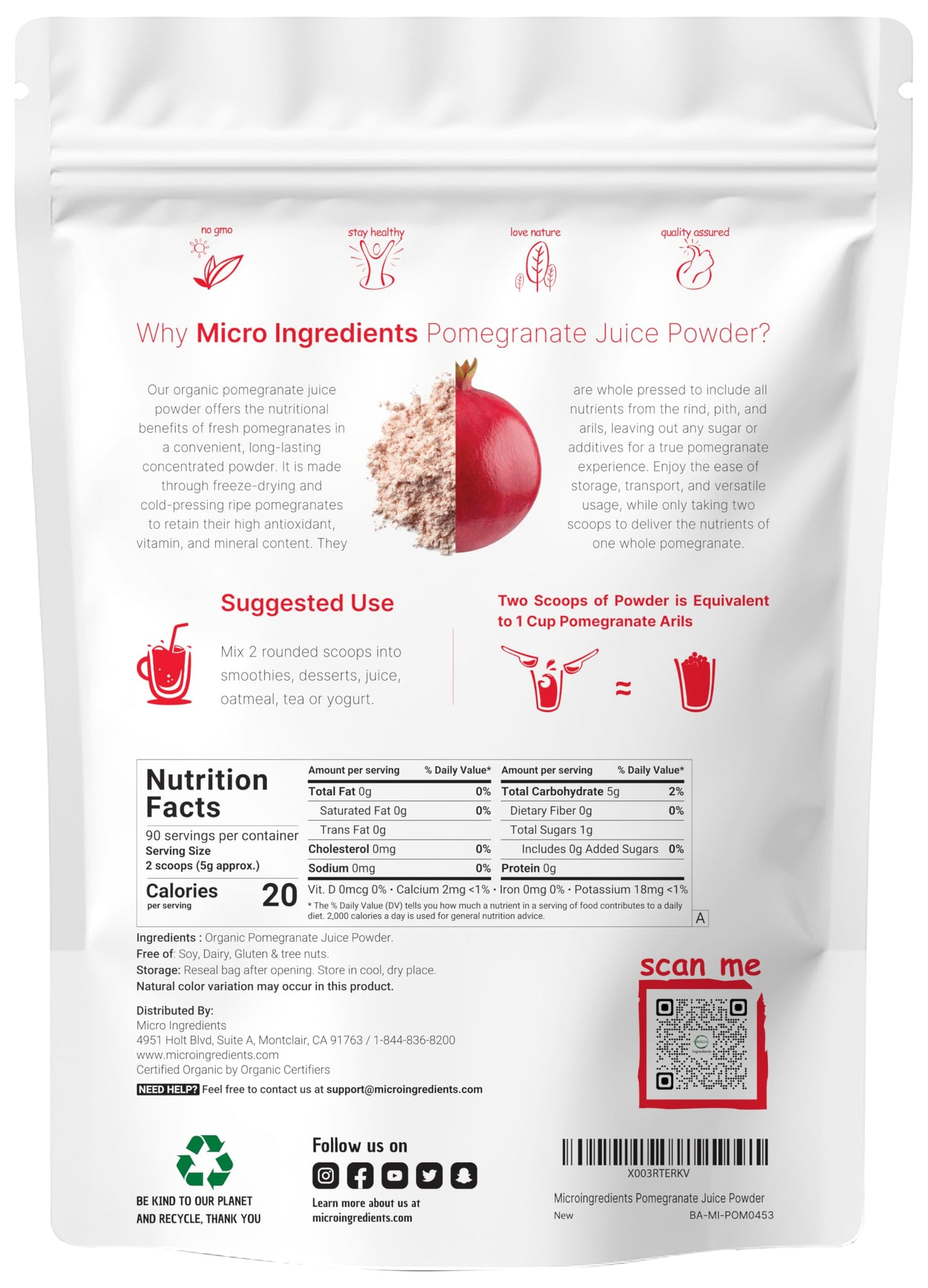 Organic Pomegranate Juice Powder, 1 Pound | 100% Natural Fruit Powder | Freeze Dried & Cold Pressed | No Sugar & Additives | Gre