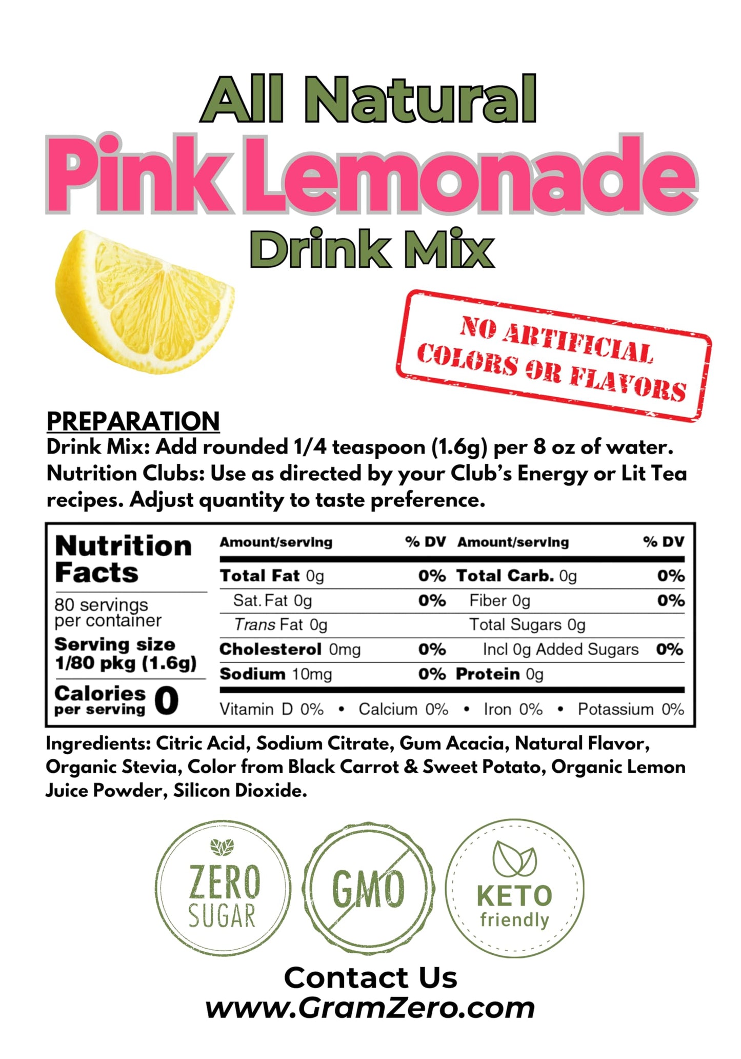 Gramzero All Natural Pink Lemonade Zero Calorie Sugar Free Drink Mix, Great For Nutrition Club Loaded Tea, Stevia Sweetened