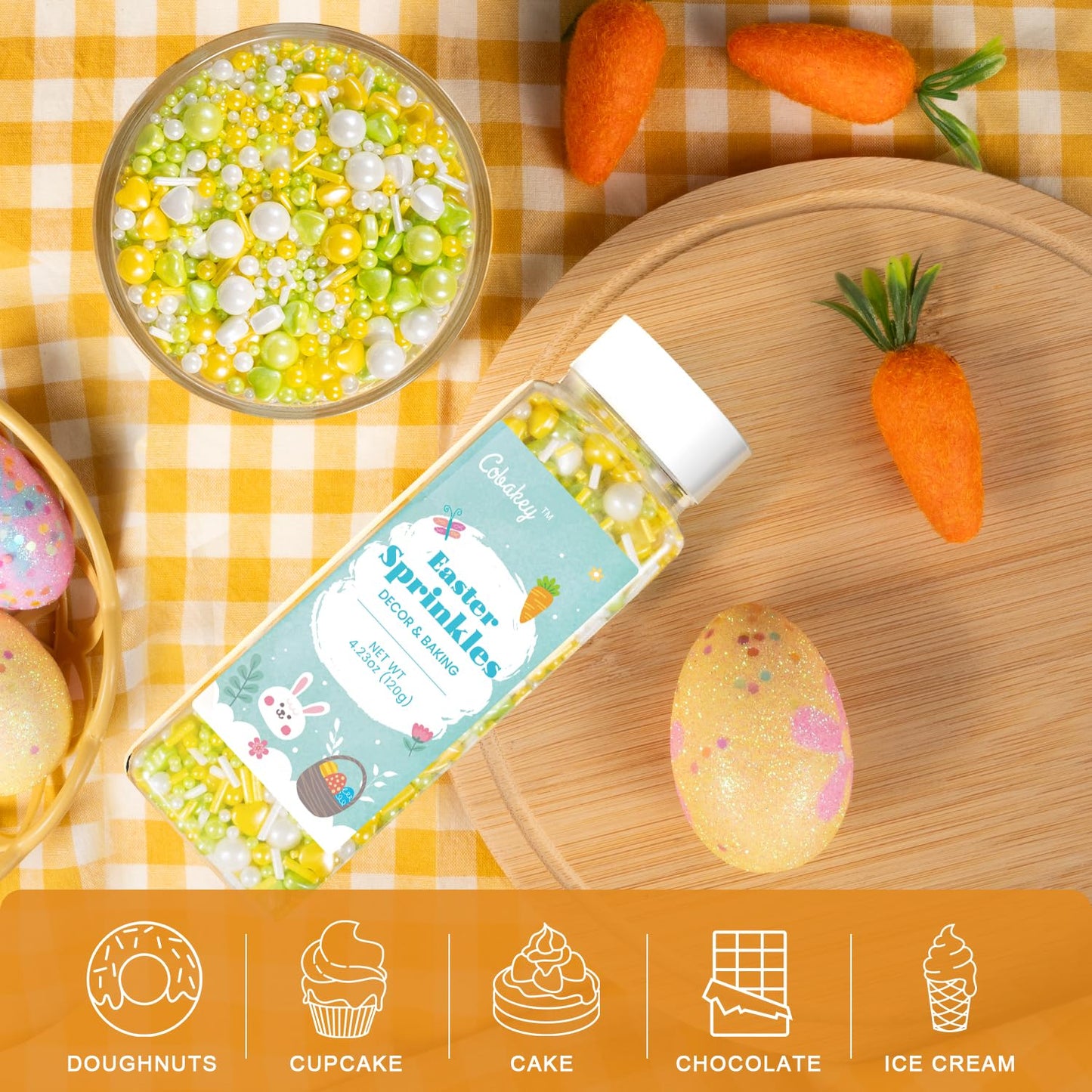 Cobakey Easter Sprinkles For Cookies 4.23 Ounce Spring Sprinkles For Baking Yellow & Green Edible Heart Perfect For Easter Cake