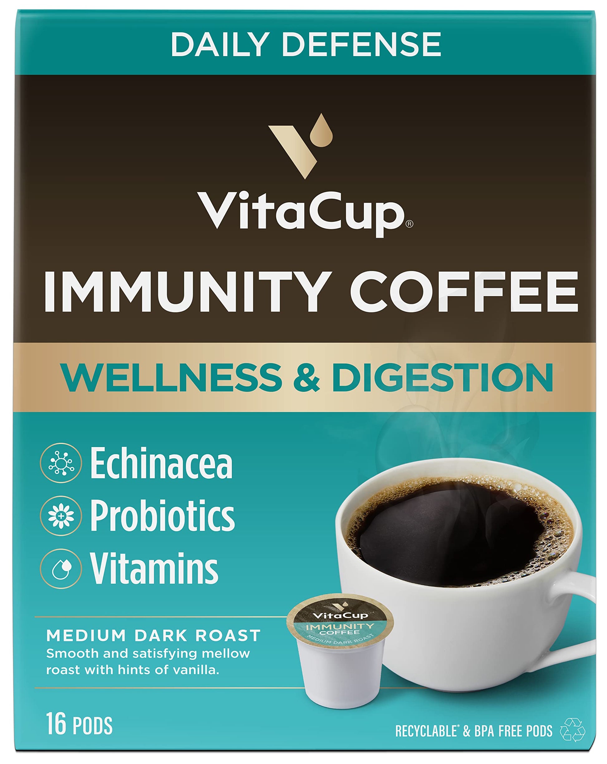 VitaCup Immunity Coffee Pods, Wellness Boost with Antioxidants, Echinacea, Probiotics, Vitamin C & D3, Medium Dark Roast, Recyclable Single Serve Pod Compatible with Keurig K-Cup malt-inspired,16 Ct