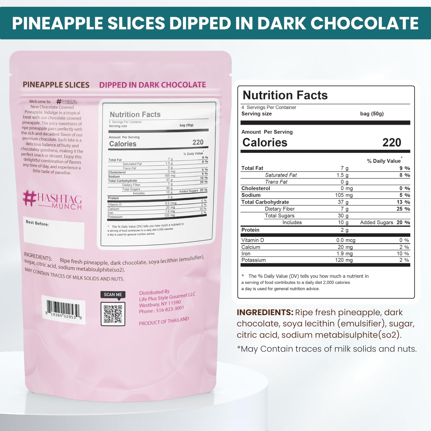 Premium All Natural Real Rich Dark Chocolate Dipped Tropical Pineapple Dried Fruit Slices 7Oz Non Gmo, No Added Colors Healthy S
