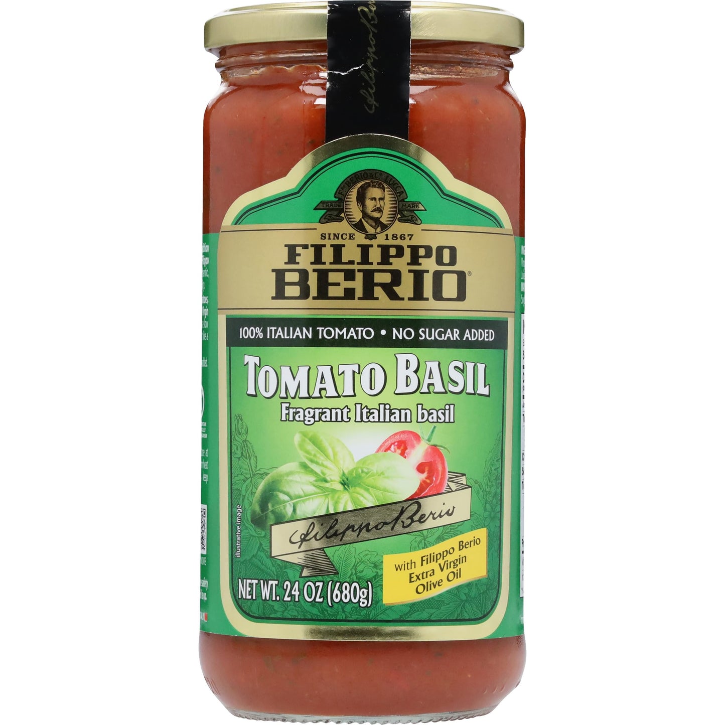 Filippo Berio Pasta Sauce, Basil Sauce, 24 Ounce Glass Jar, No Sugar Added, Vegan, Gluten Free, Lactose Free, Non-GMO