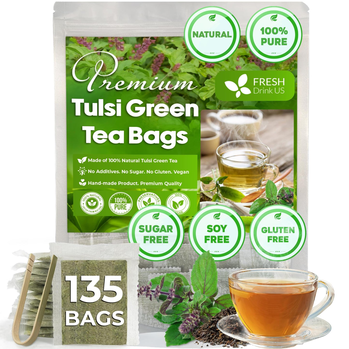 FRESHDRINKUS Premium Tulsi Green Tea Bags - 100% Natural, Vegan, 135 Tea Bags
