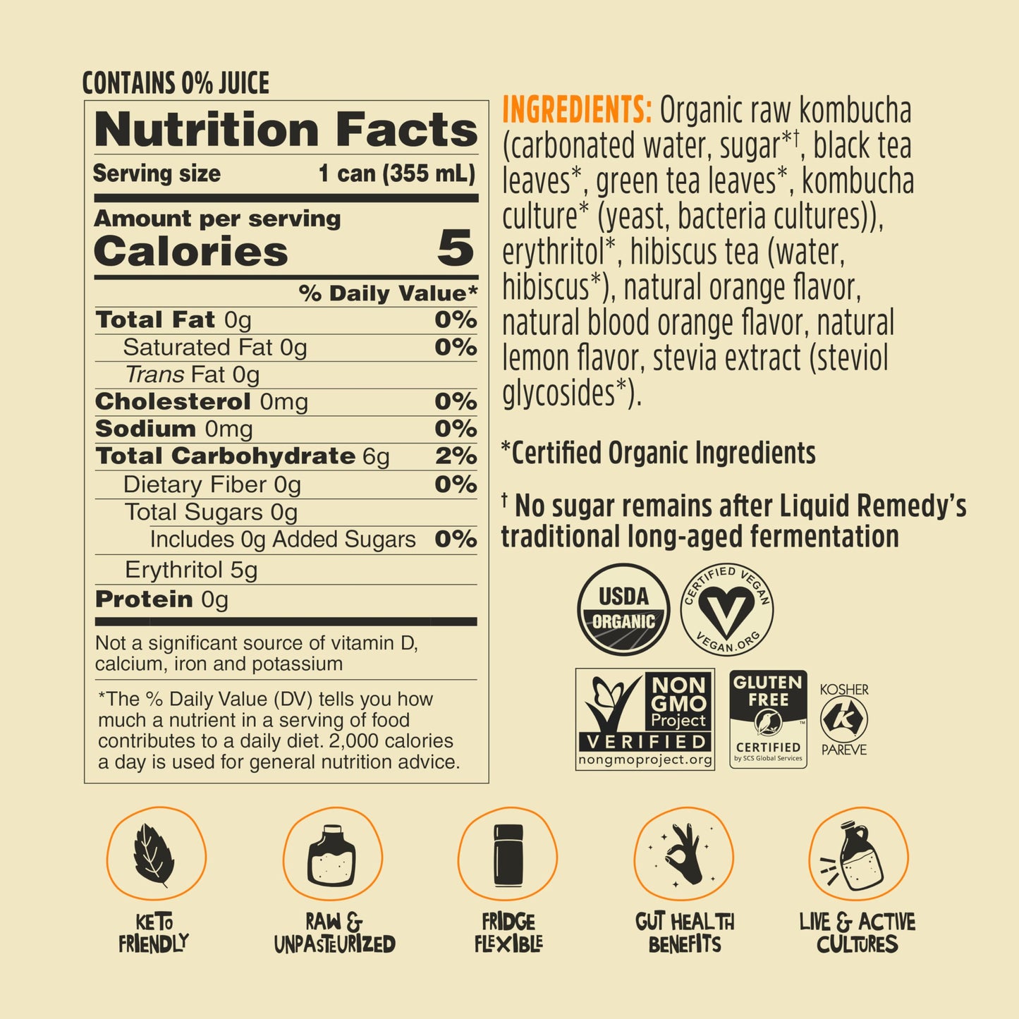 Liquid Remedy Kombucha Sugar Free Organic Drink  Low Calorie  Probiotic Like Tea for Gut Health - Orange Splash - 12 Fl Oz Can  4-Pack