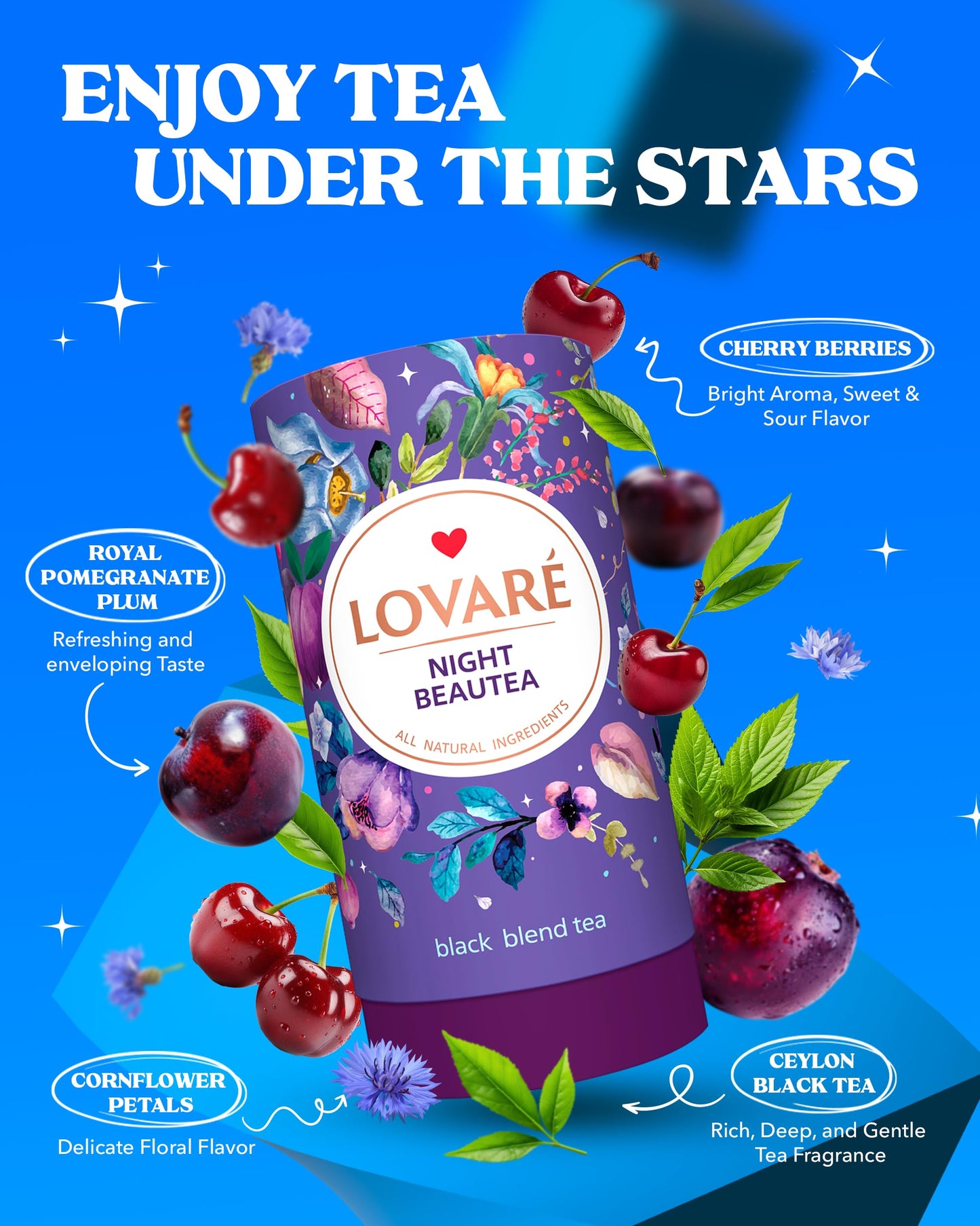LOVARE Night Beautea Loose Leaf Tea - Ceylon Black Tea with Cherry Berries & Pomegranate Aroma - 80 g - Gift Box with 15 Filters