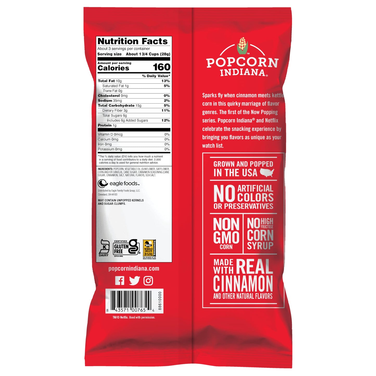 Popcorn Indiana Netflix Now Popping Swoonworthy Cinnamon Kettle Corn, (6 Count - 3 Oz Each)