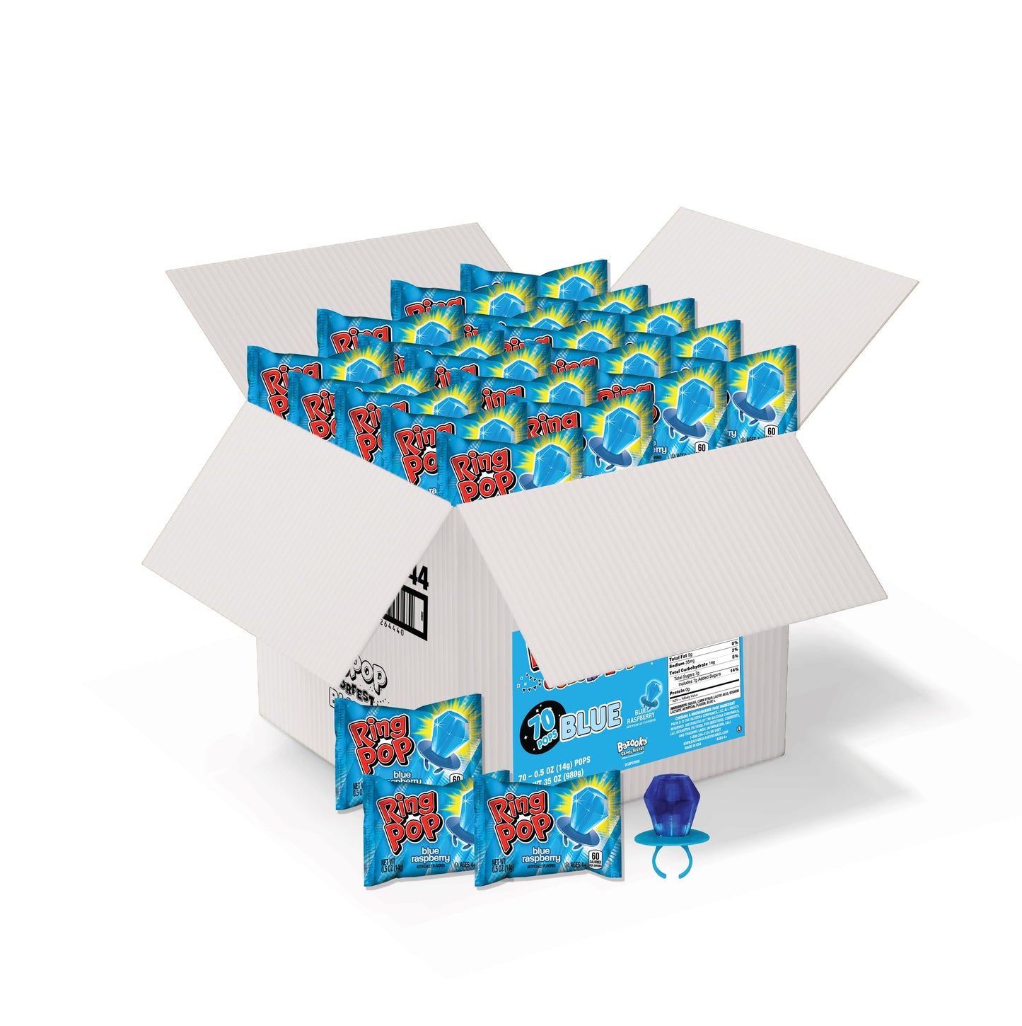 Ring Pop Bulk Lollipop Pack - 70 Count Blue Raspberry Flavored Candy, Individually Wrapped, Great for Parties and Stocking Stuffers