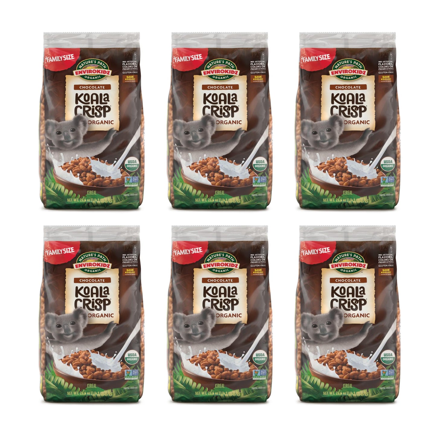 EnviroKidz Organic Koala Crisp Cereal, 25.6 oz (Pack of 6), Chocolate, Gluten Free, Non-GMO, Fair Trade, Earth Friendly Packagin