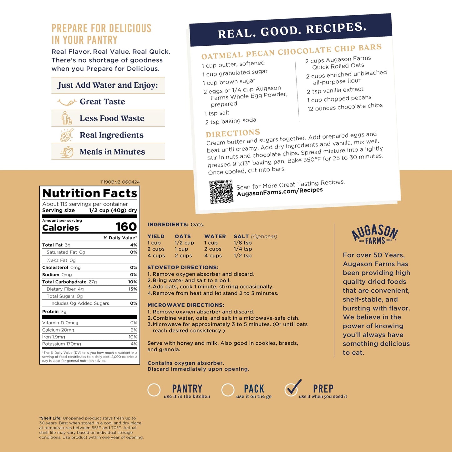 Augason Farms Quick Rolled Oats 4-Gallon Pail, Emergency Food Supply, Everyday Meals, 113 Servings