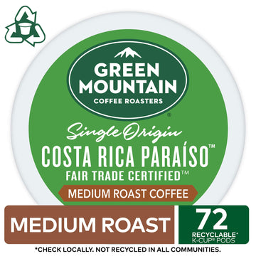 Green Mountain Coffee Roasters Costa Rica Paraiso Single-Serve K-Cup Pods, Medium Roast Coffee, 72 Count