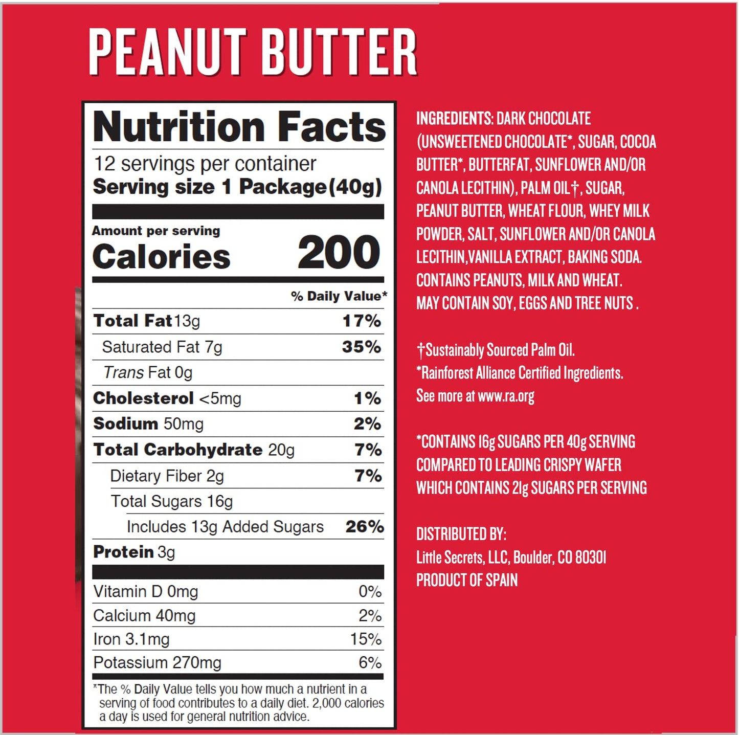 Little Secrets Crispy Wafers, Peanut Butter Flavor, Gourmet Dark Chocolate Candy, All Natural, Fair Trade Certified, No Artifici