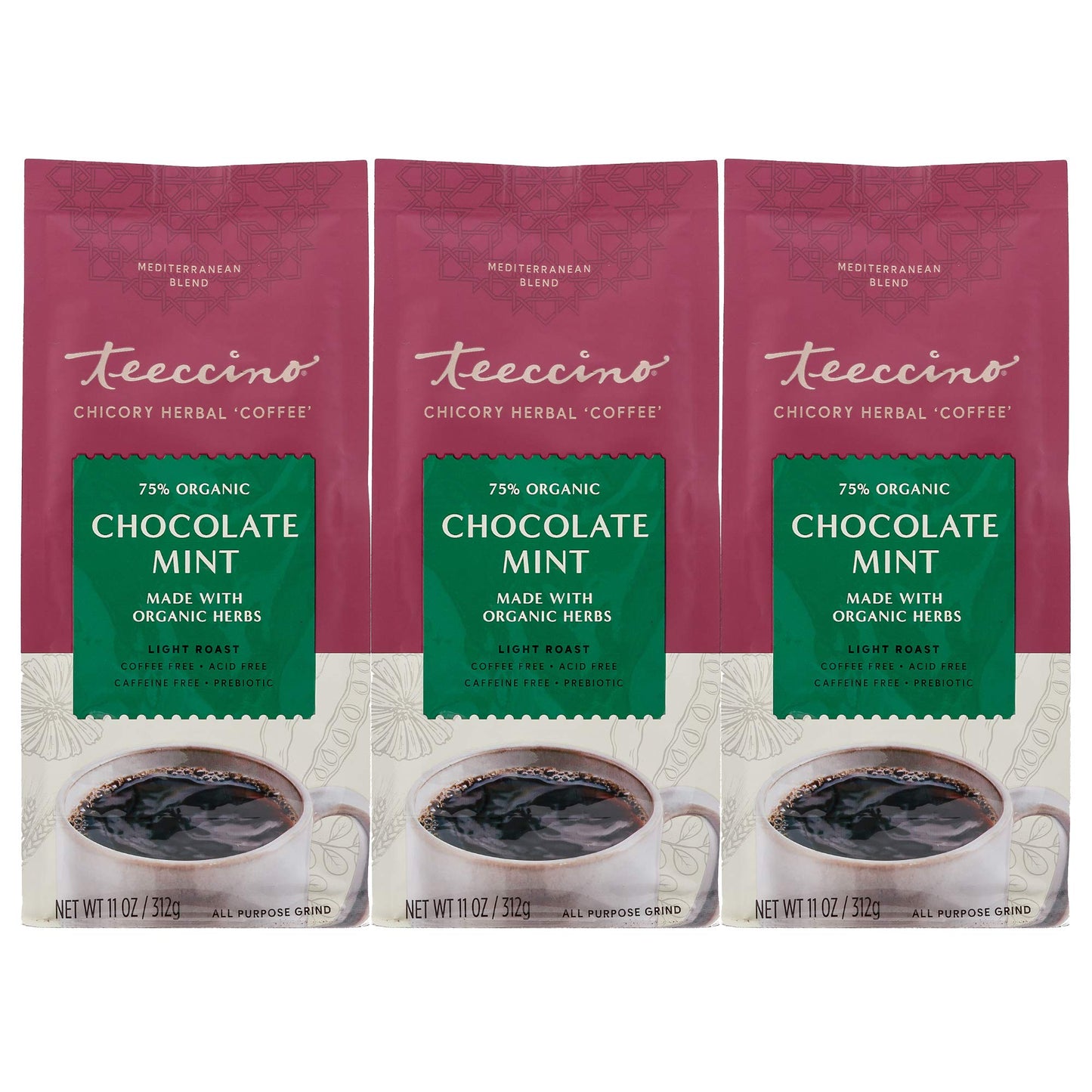 Teeccino Chocolate Mint Herbal Coffee Alternative, Caffeine Free, Light Roast, 11 Ounce (Pack of 3)